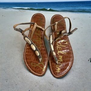 Sam Edelman Womens Shoes 7.5 Beaded Flat Sandals Brown Thongs Adjustable Strap